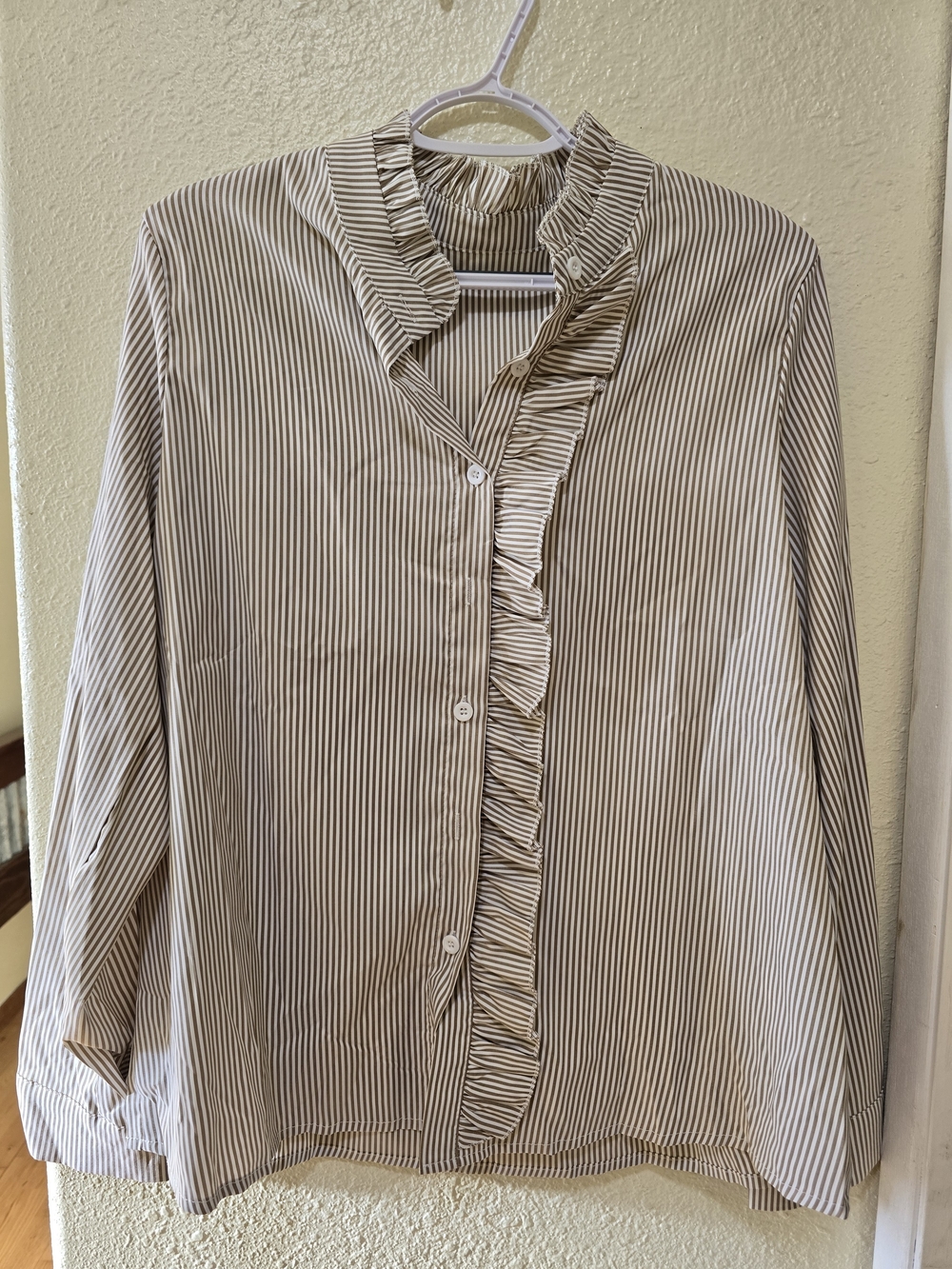 SHEIN Beige and White Striped Ruffle-Trim Button Down Shirt